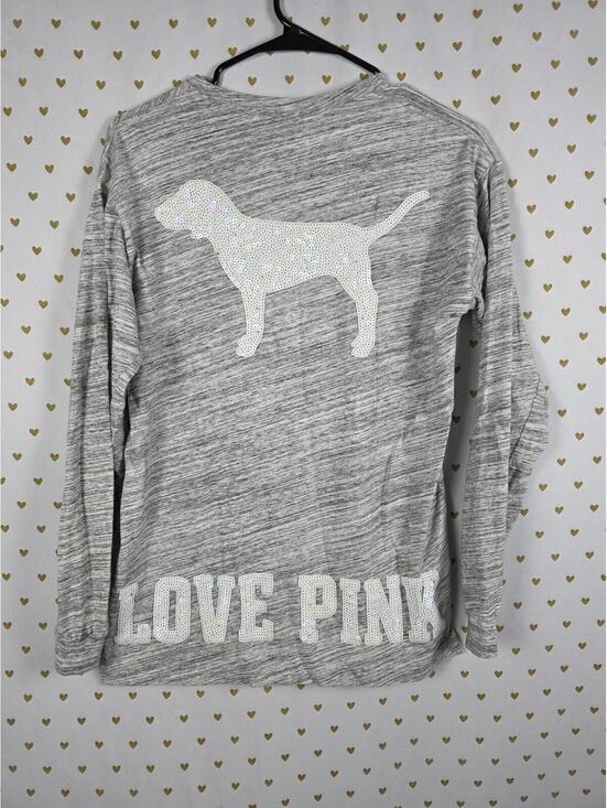 PINK Victoria's Secret Tops - Victorias Secret PINK LOVE White Sequined BLING Long sleeve Tee Shirt Oversized
